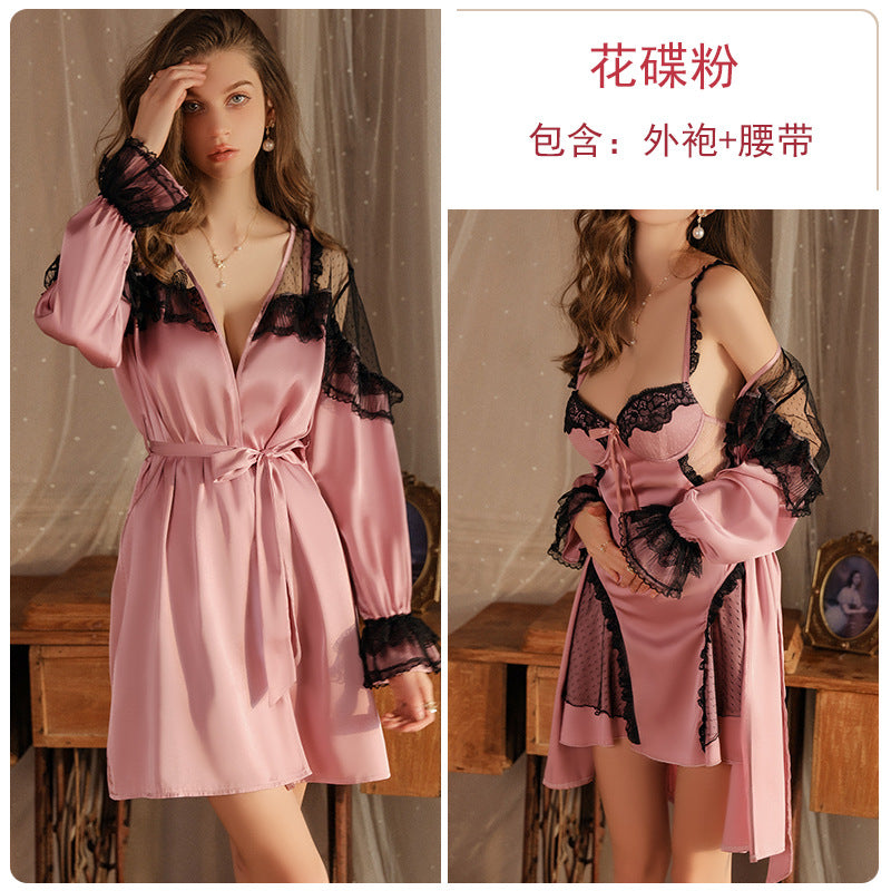 DZ Gorgeous Sexy Backless Temptation Nightdress with Chest Pads Pure Desire Lace Robe Plus Size Loungewear Set P4000