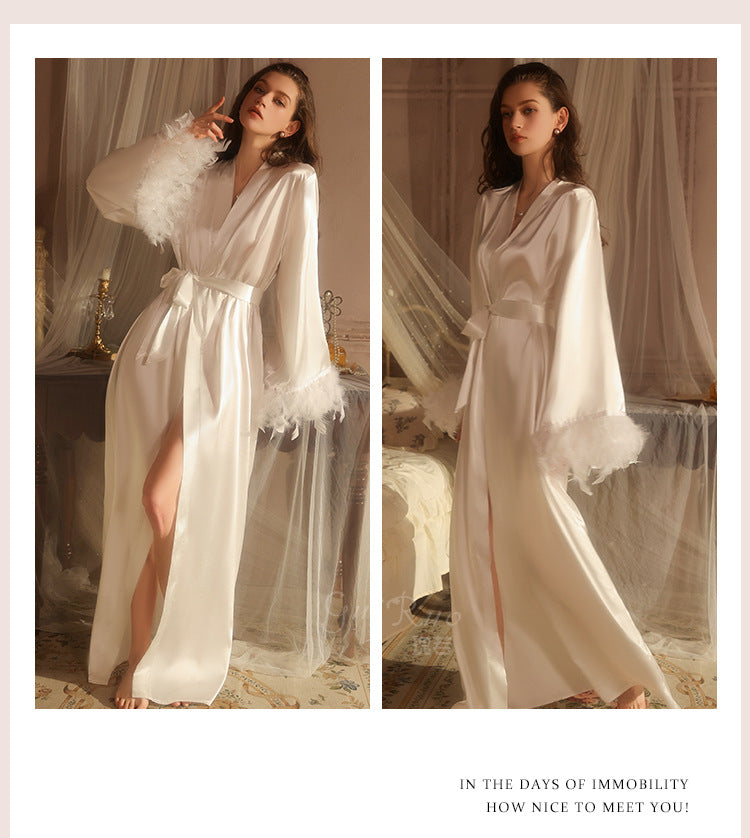 DZ Gorgeous Plus Size Ice Silk Temptation Nightgown Sexy Hot Waist-Cinching Lazy Deep V Open-front Robe Women's Set5711