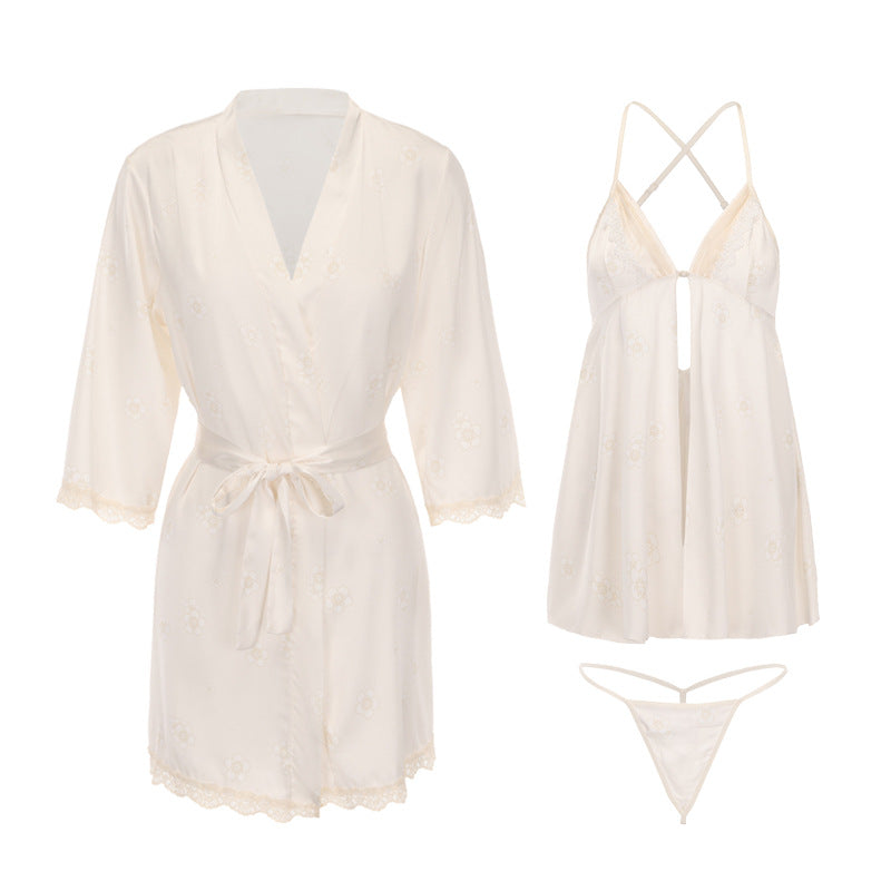 DZ Luxurious Plus Size Satin Lingerie Passionate Hot Slit Sexy Backless Nightdress Robe Women's Set5207