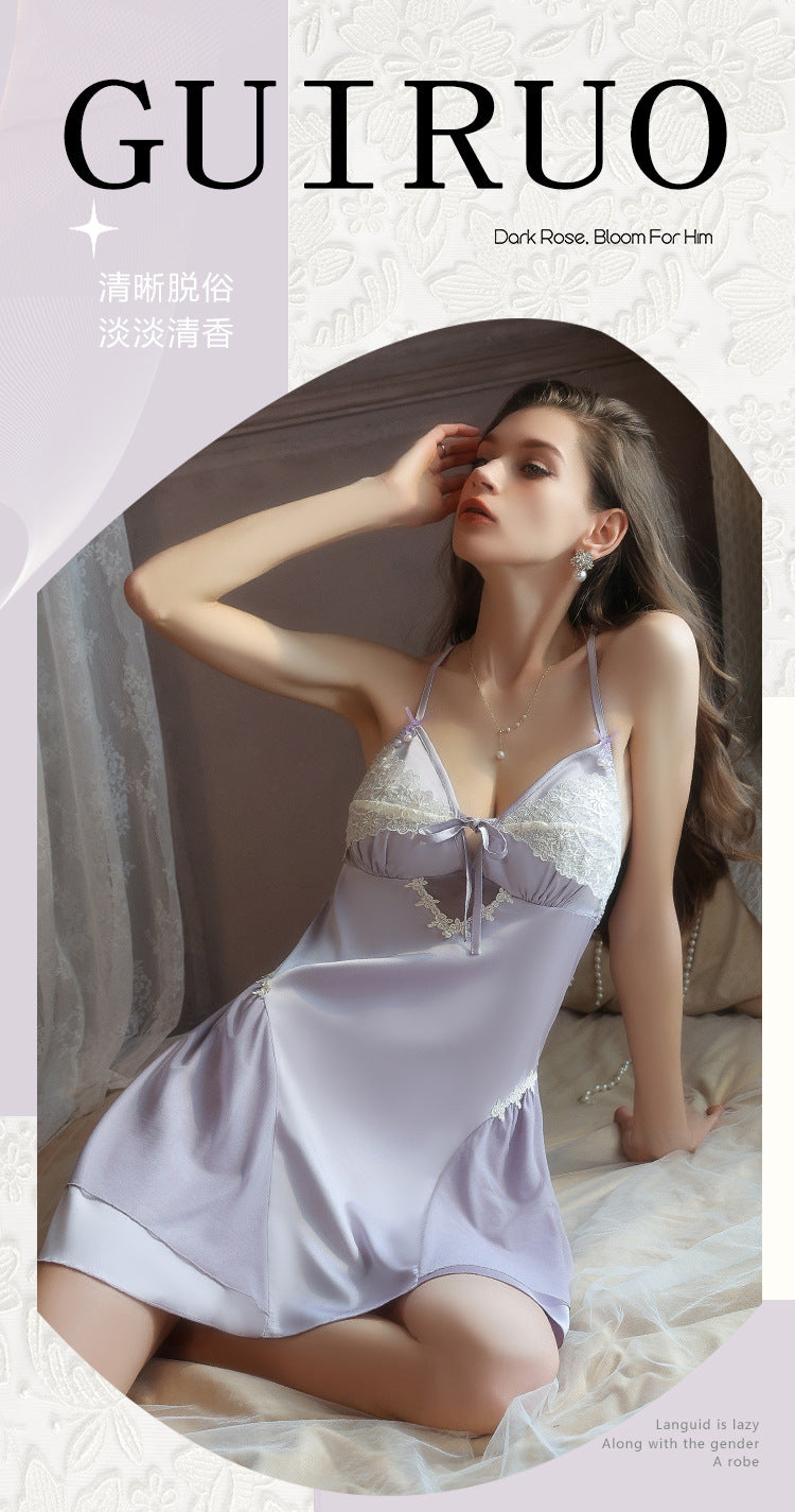 DZ Luxurious Plus Size Light Luxury Ice Silk Lingerie Passionate Hot Backless Padded Nightdress Robe Homewear Set4940