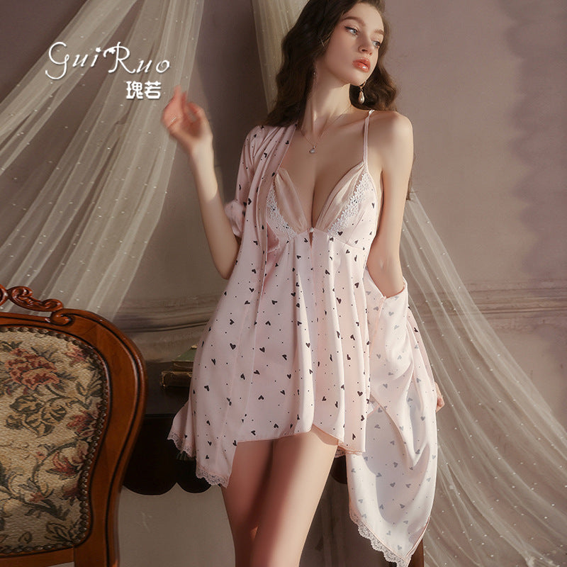 DZ Luxurious Plus Size Satin Lingerie Passionate Hot Slit Sexy Backless Nightdress Robe Women's Set5207