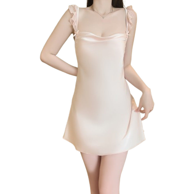 DZ Gorgeous Passionate Hot Backless Nightdress Pure Desire Sexy Waist-Cinching Deep V Ice Silk Nightdress Set with Chest Pads5262