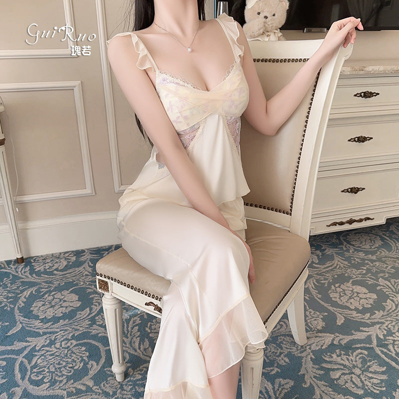 Rose-like Deep V Push-Up Padded Ice Silk Lingerie Passionate Temptation Mesh Camisole Long and Short Pants Three-Piece Set5259