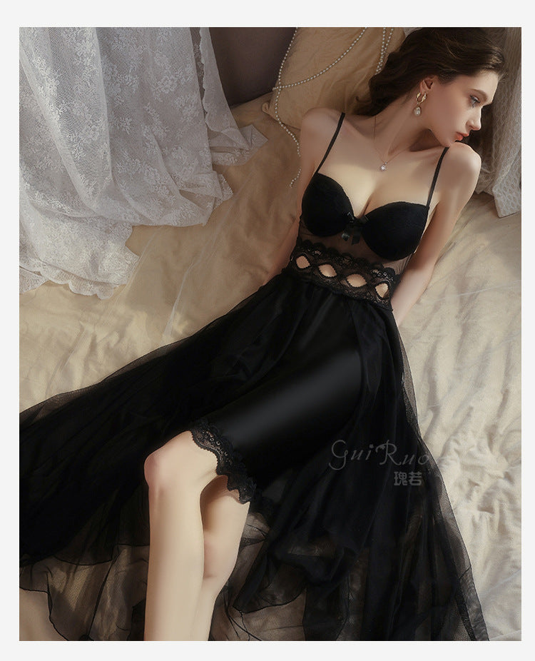 DZ Magnificent Plus Size Pure Desire Ice Silk Underwear Deep V Padded Temptation Lace Nightdress Robe Women's Set XJ5369