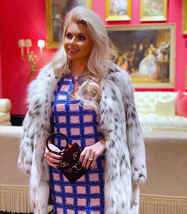 Winter Korean Style Leopard Print Shearling Coat for Women, Long Suit Collar Fox Fur Mink Coat