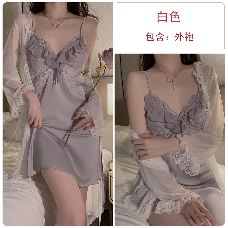 DZ Gorgeous Sexy Palace Style Padded Strap Nightdress Lace Robe Pure Desire Women's Homewear Set J2708