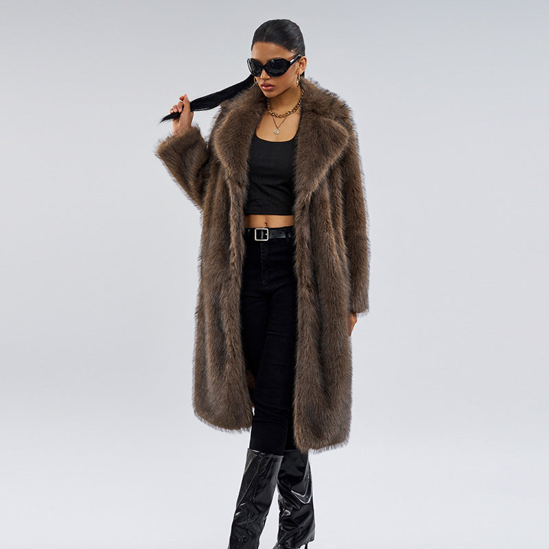 Cross-Border Source Autumn Winter New Fur Long Coat Fashionable Women's Casual Coat