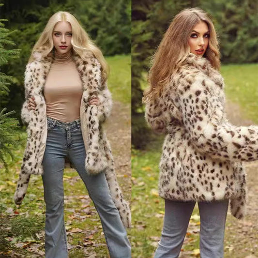 Europe, America, autumn and winter, new plus size women's fur leopard coat, suit collar and long section.