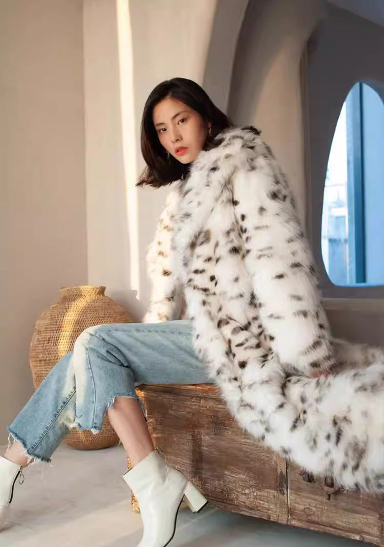 Winter Korean Style Leopard Print Shearling Coat for Women, Long Suit Collar Fox Fur Mink Coat