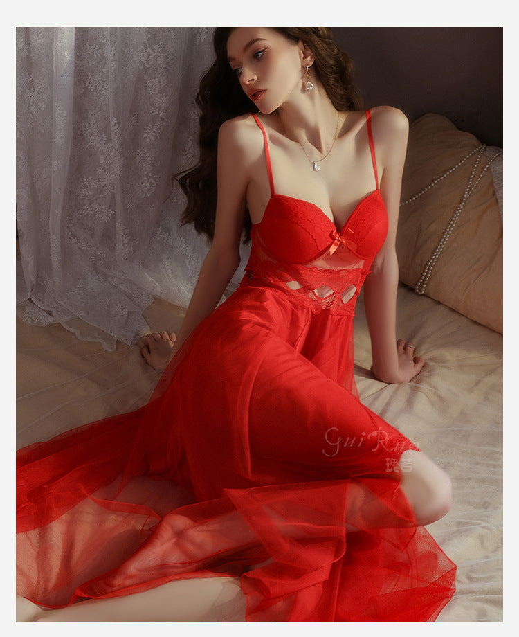 DZ Magnificent Plus Size Pure Desire Ice Silk Underwear Deep V Padded Temptation Lace Nightdress Robe Women's Set XJ5369