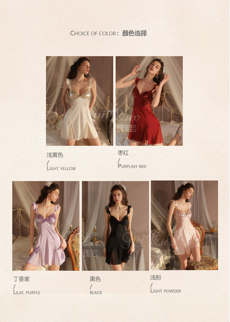 DZ Elegant Women's Light Luxury Smooth Satin Nightgown Deep V Backless Sexy Padded Nightdress Homewear Set C5542