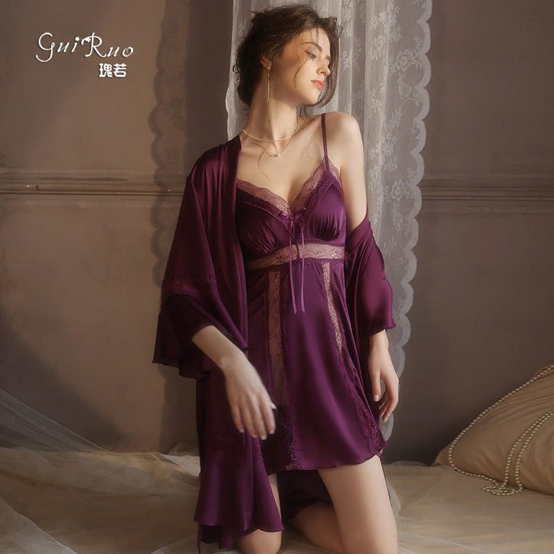 DZ Elegant Plus Size Women's Ice Silk Nightgown Deep V Gathered Padded Pure Desire Lace Nightdress and Robe Set5237