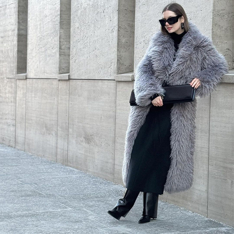 Long Fur Coat Long Hair Fur Winter Warm European and American Style Turn-Down Collar High-End Jacket