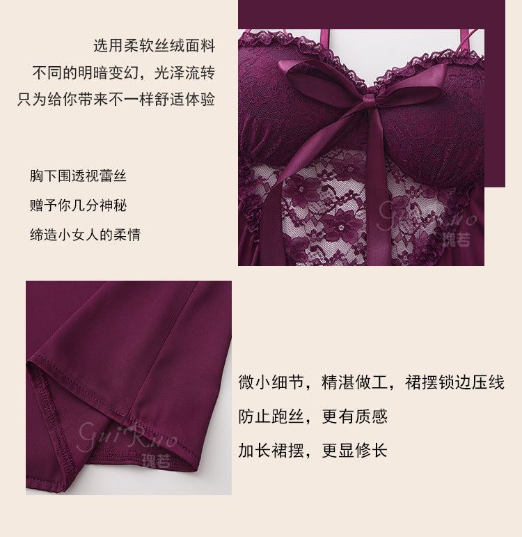 DZ Gorgeous Sexy Satin Nightdress Light Luxury Sweet Lace Deep V Gathered Padded Nightdress and Robe Set5045