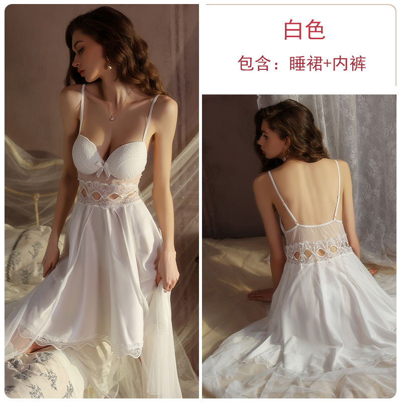 DZ Magnificent Plus Size Pure Desire Ice Silk Underwear Deep V Padded Temptation Lace Nightdress Robe Women's Set XJ5369