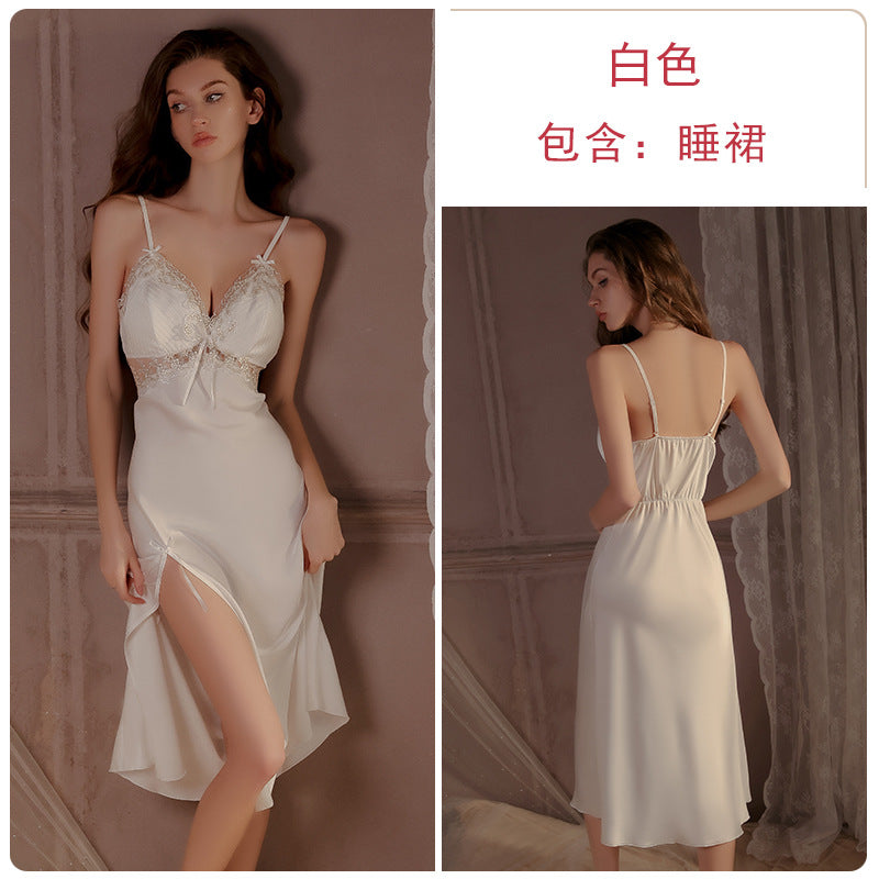 DZ Gorgeous Autumn Winter Sexy Slit Nightdress with Chest Pads Gathered Strap Nightgown Robe Homewear Set P4200
