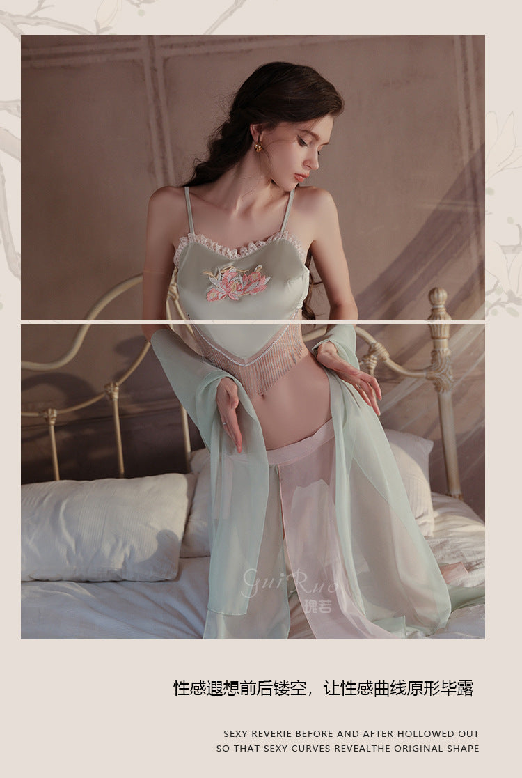 DZ Guiruo Brand Sexy Lingerie Pure Desire National Style Embroidered Bellyband Sexy Slit Split Skirt Uniform Set5042