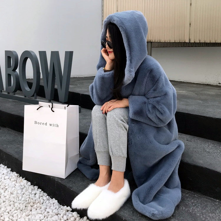 New Korean version of mink fur thick loose plush hooded long coat.