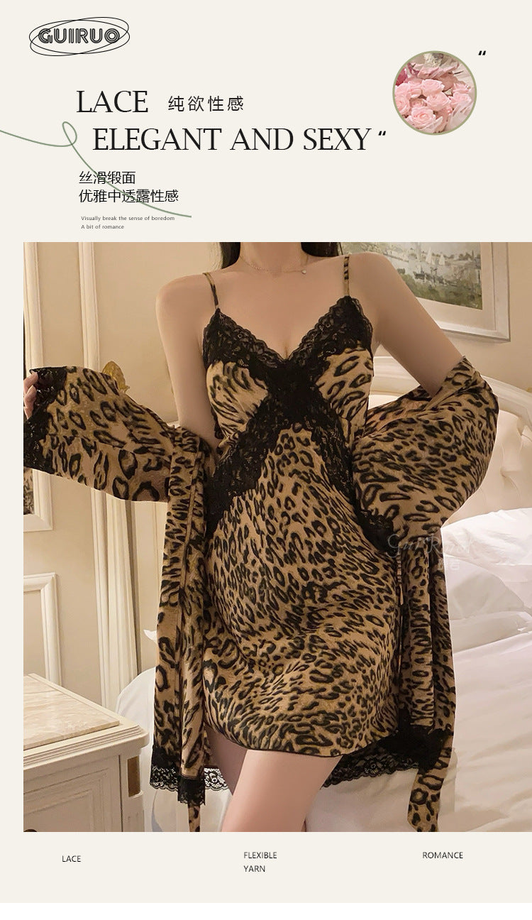 DZ Luxurious and Sexy Nightdress with Chest Pads, Sweet Ice Silk Nightgown and Robe Home Set4905