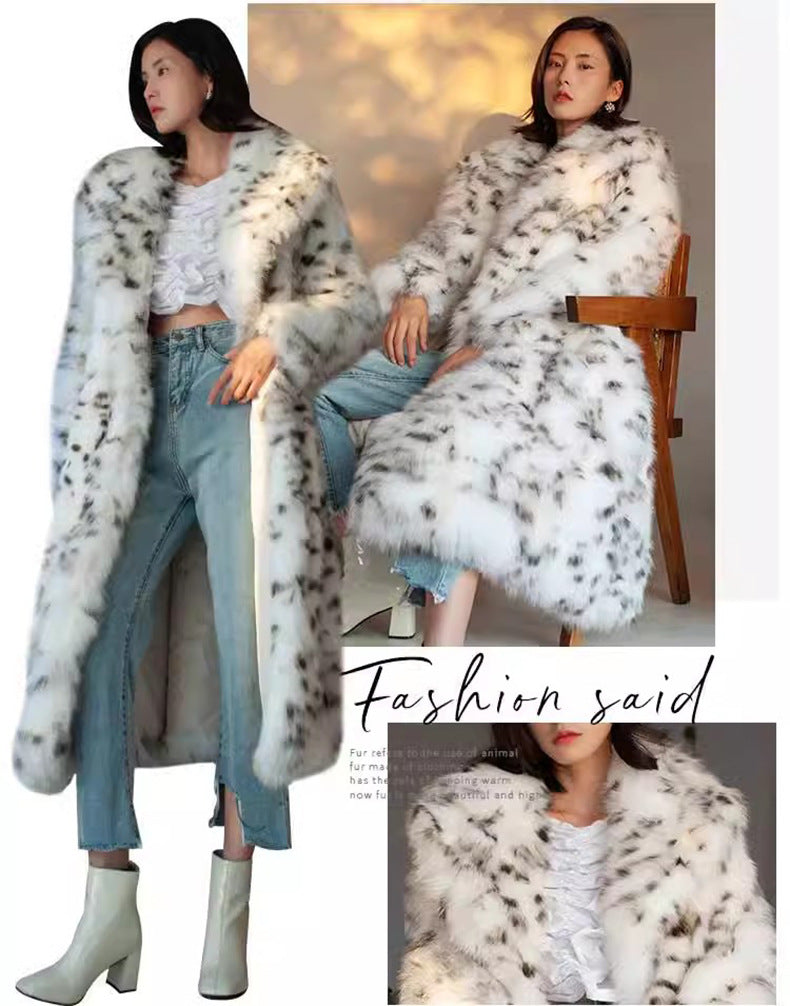 Winter Korean Style Leopard Print Shearling Coat for Women, Long Suit Collar Fox Fur Mink Coat