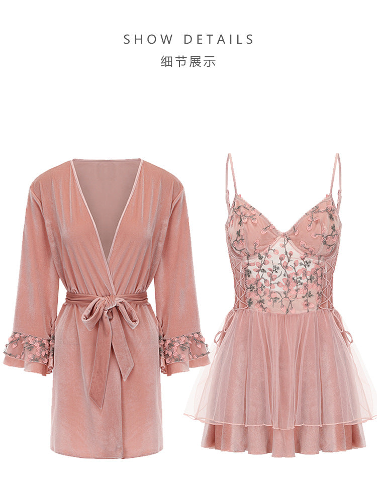 DZ Gorgeous Sexy Backless Temptation Velvet Sweet Underwire Gathered Camisole Nightdress Robe Loungewear C5240