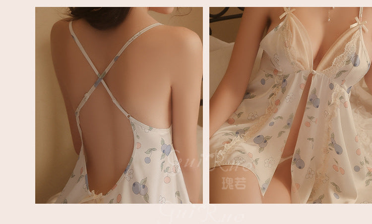 DZ Gorgeous Pure Desire Printed Satin Nightdress Passionate Hot Backless Sexy Open Front Plus Size Camisole Dress Set5140