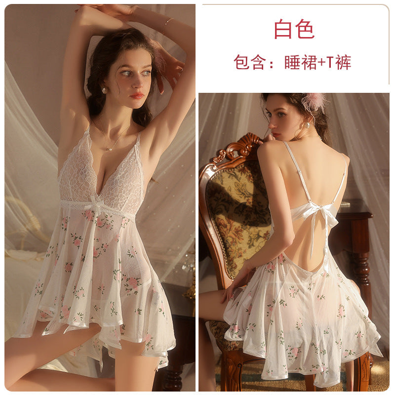 DZ Magnificent Women's Lingerie Passionate Deep V Low-cut Sexy Pure Desire Sheer Mesh Camisole Dress Set5667