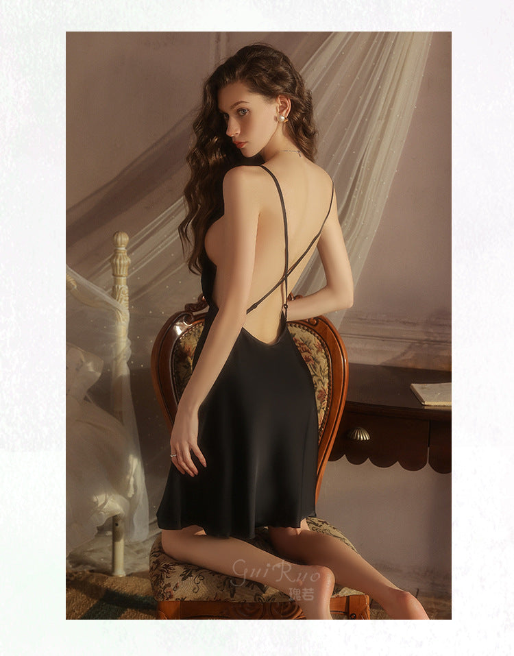DZ Gorgeous Hot Lace-Up Backless Nightdress Sexy Temptation Slit Pure Desire Silky Satin Camisole Dress Set5606