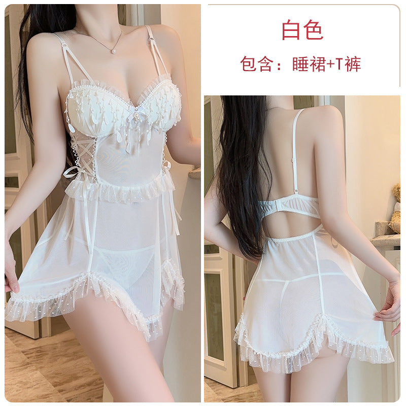 DZ Gorgeous Erotic Lingerie Playful Pure Desire Tassel Decoration Sexy Padded See-through Mesh Nightdress Set5277