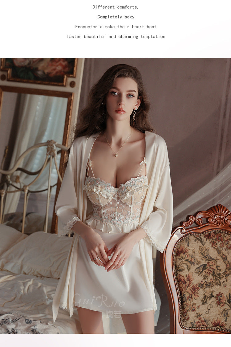 DZ Luxurious Plus Size Light Luxury Ice Silk Lingerie Passionate Hot Backless Sexy Padded Nightdress Robe Set4973