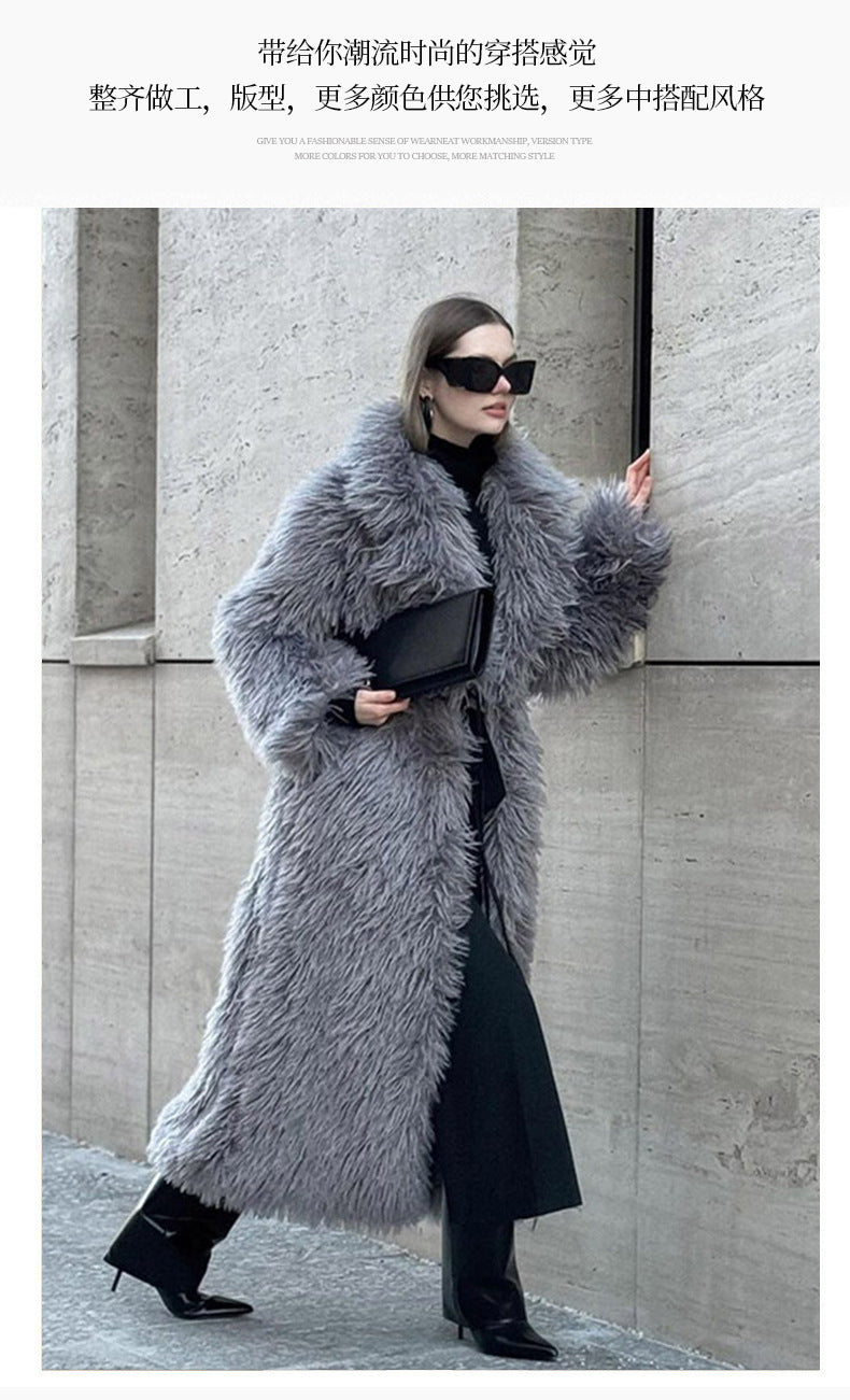 Long Fur Coat Long Hair Fur Winter Warm European and American Style Turn-Down Collar High-End Jacket