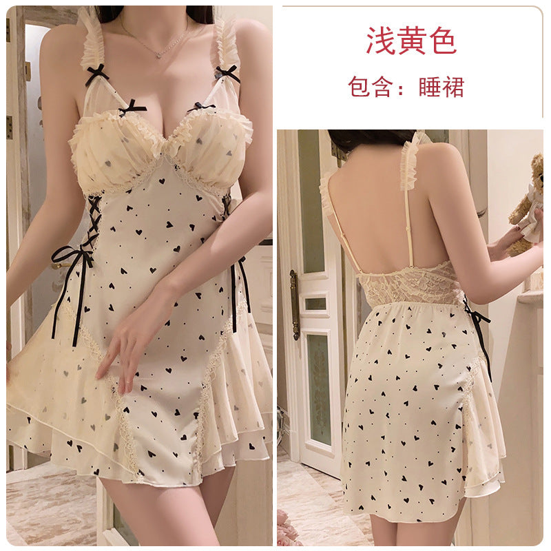 DZ Gorgeous Sexy Nightdress Pure Desire See-through Lace Hot Slim Fit with Chest Pads Plus Size Nightgown Home Set4902