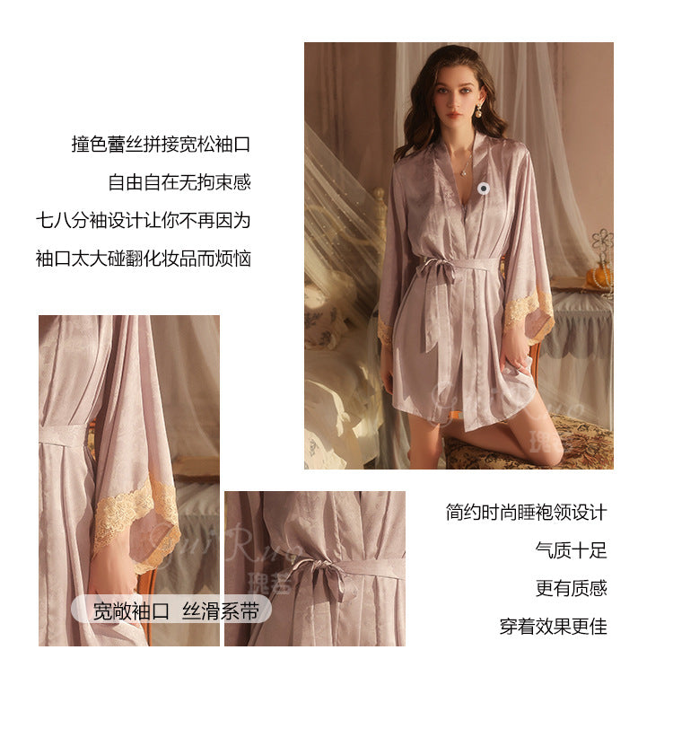 DZ Magnificent and fiery deep V Padded Bra Lingerie Pure Desire Backless Sexy Jacquard Nightdress Robe Home Set C5630