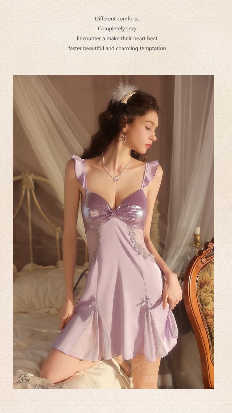 DZ Elegant Women's Light Luxury Smooth Satin Nightgown Deep V Backless Sexy Padded Nightdress Homewear Set C5542