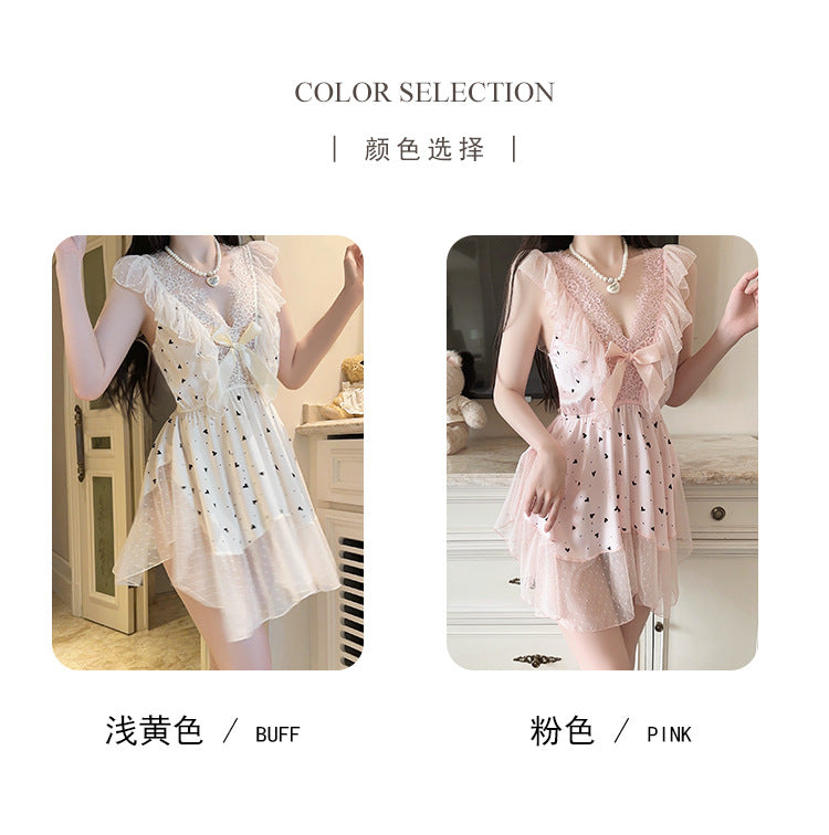 DZ Gorgeous Passionate Hot Low-Cut Nightdress Light Luxury Sheer Mesh Lace Sexy Satin Nightgown Women's Set5205