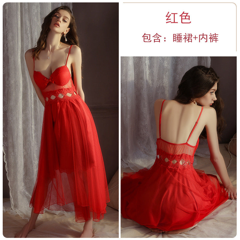 DZ Magnificent Plus Size Pure Desire Ice Silk Underwear Deep V Padded Temptation Lace Nightdress Robe Women's Set XJ5369