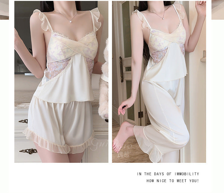 Rose-like Deep V Push-Up Padded Ice Silk Lingerie Passionate Temptation Mesh Camisole Long and Short Pants Three-Piece Set5259