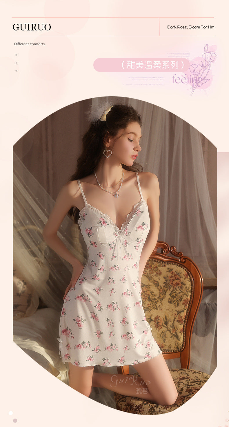 DZ Gorgeous Sexy Light Luxury Ice Silk Nightdress Deep V Temptation Sweet Printed Camisole Dress with Chest Pads Women's Set5296