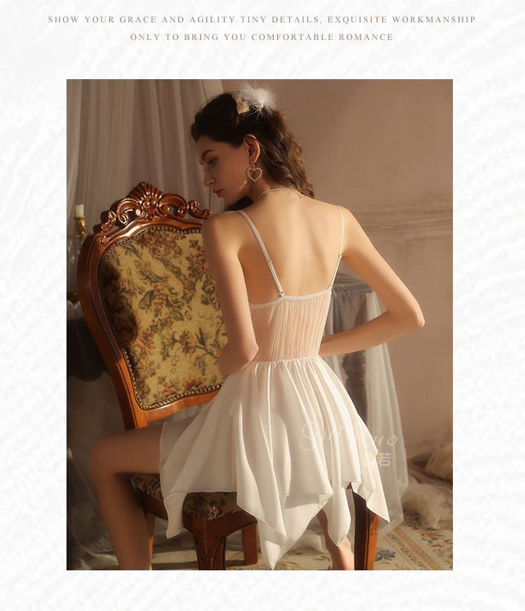 DZ Gorgeous Hot Padded Nightdress Light Luxury Mesh Backless Sexy Silky Satin Nightgown Homewear Set5228