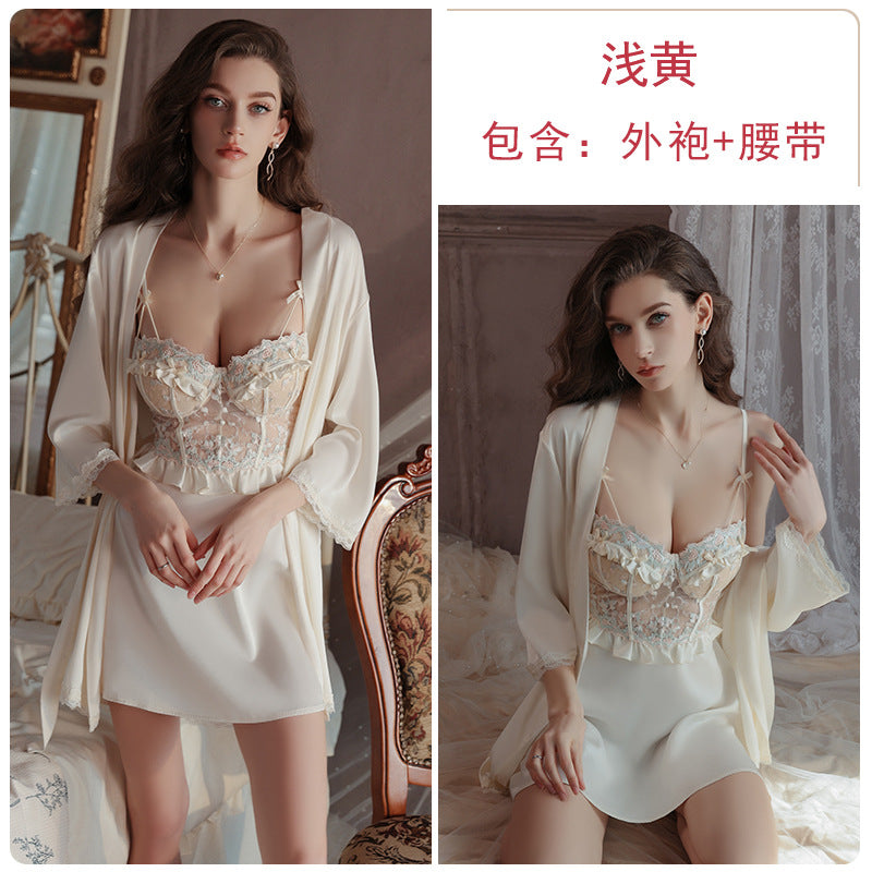 DZ Luxurious Plus Size Light Luxury Ice Silk Lingerie Passionate Hot Backless Sexy Padded Nightdress Robe Set4973