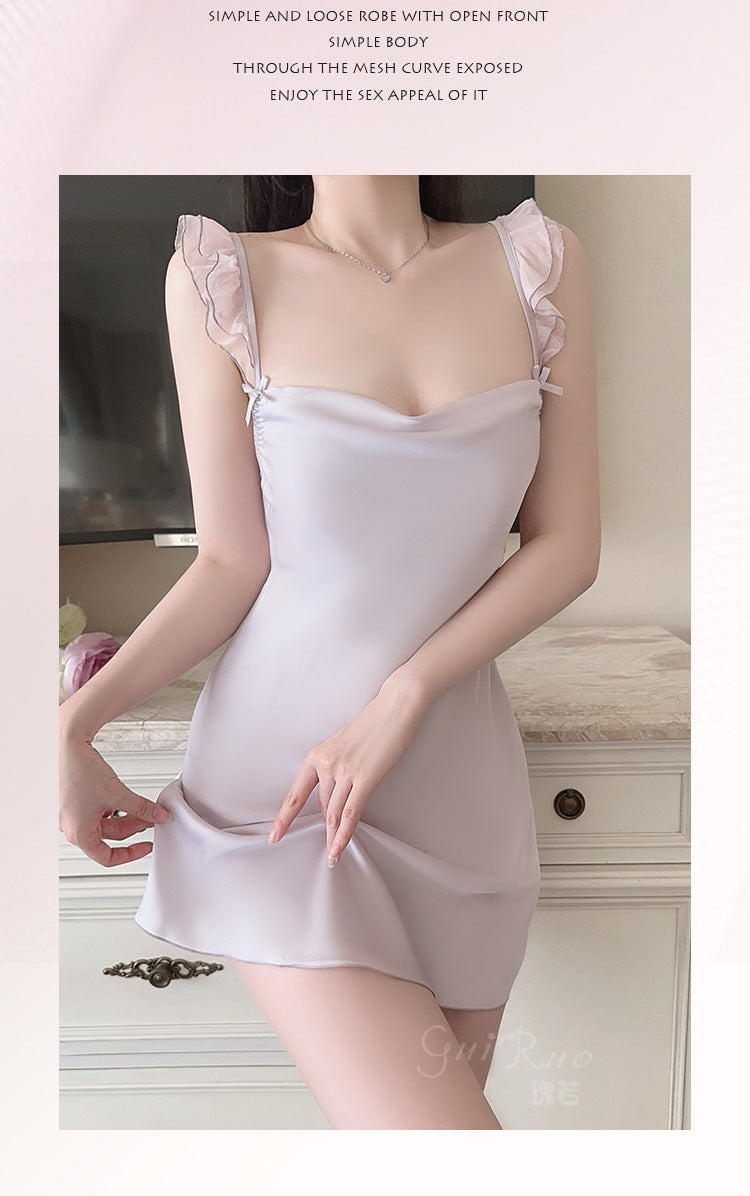 DZ Gorgeous Passionate Hot Backless Nightdress Pure Desire Sexy Waist-Cinching Deep V Ice Silk Nightdress Set with Chest Pads5262