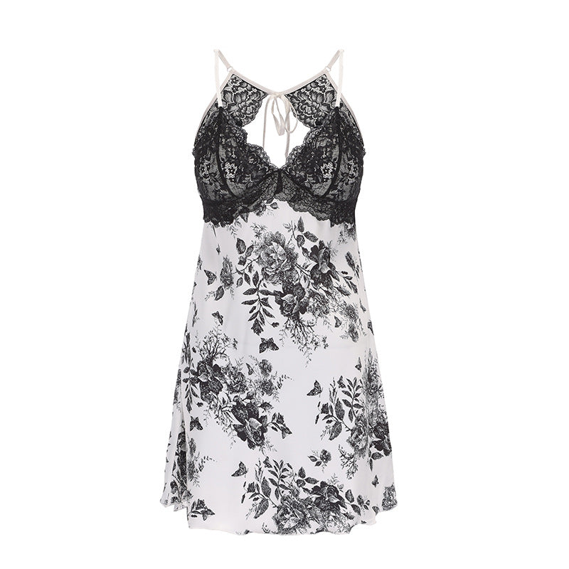 DZ Gorgeous Sweet Floral Sexy Nightdress Pure Desire with Chest Pads Sheer Lace Plus Size Nightgown Home Set4900