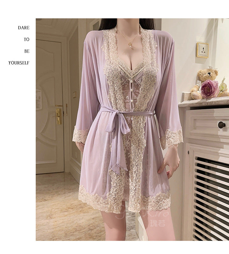 DZ Rose-like Deep V Padded Sleepwear Sweet Lazy Mesh Sexy Velvet Nightdress Robe Home Set C5928