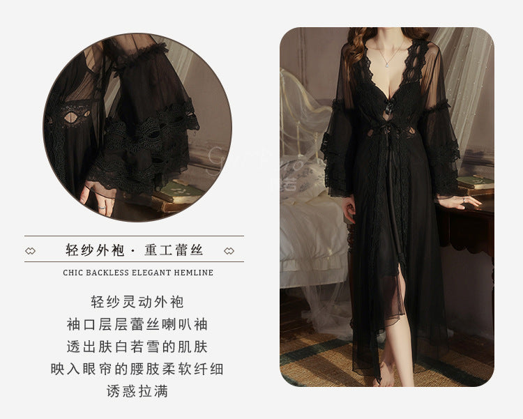 DZ Magnificent Plus Size Pure Desire Ice Silk Underwear Deep V Padded Temptation Lace Nightdress Robe Women's Set XJ5369