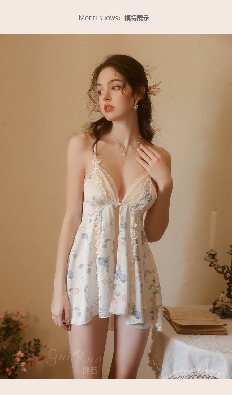 DZ Gorgeous Pure Desire Printed Satin Nightdress Passionate Hot Backless Sexy Open Front Plus Size Camisole Dress Set5140