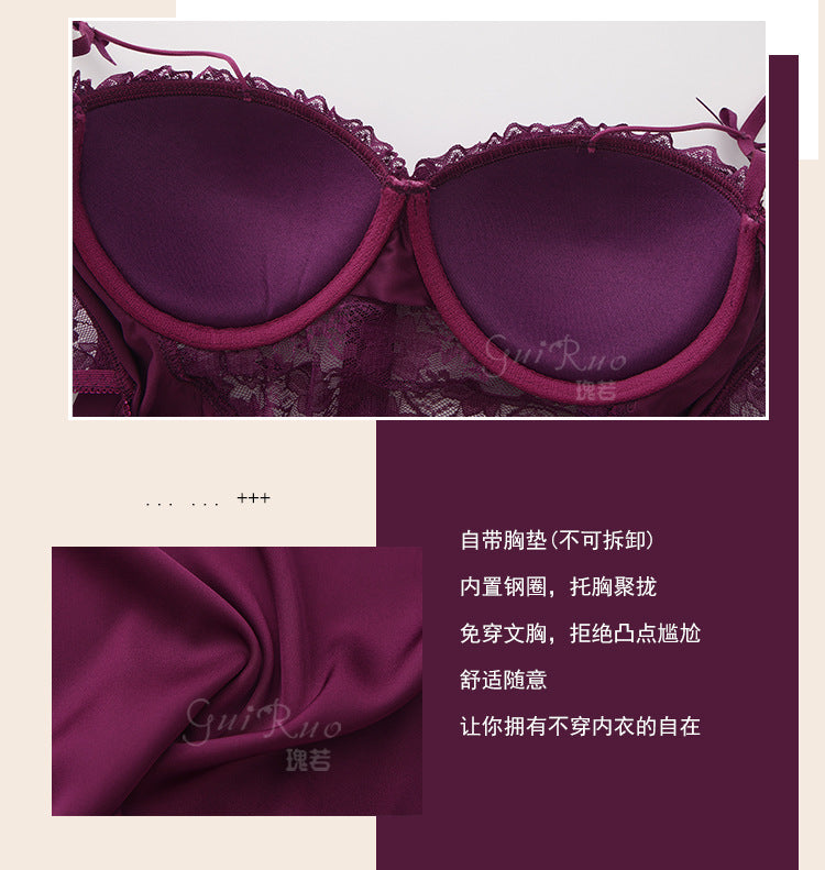 DZ Gorgeous Sexy Satin Nightdress Light Luxury Sweet Lace Deep V Gathered Padded Nightdress and Robe Set5045