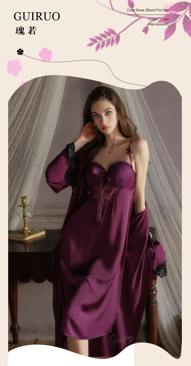 DZ Gorgeous Sexy Satin Nightdress Light Luxury Sweet Lace Deep V Gathered Padded Nightdress and Robe Set5045