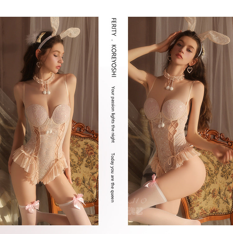 DZ Guiruo Brand Sexy Lingerie Hot Backless Pure Desire See-through Lace Padded Bodysuit Set G5379