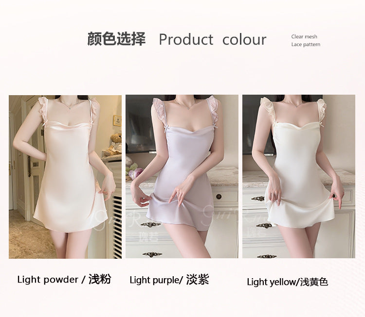 DZ Gorgeous Passionate Hot Backless Nightdress Pure Desire Sexy Waist-Cinching Deep V Ice Silk Nightdress Set with Chest Pads5262