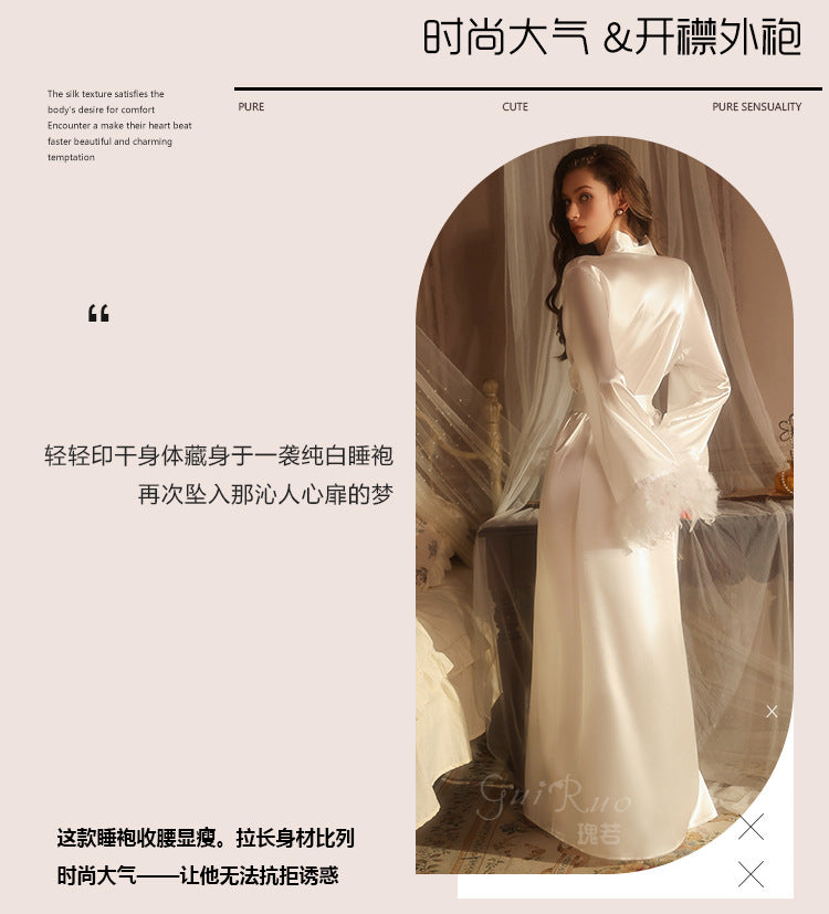 DZ Gorgeous Plus Size Ice Silk Temptation Nightgown Sexy Hot Waist-Cinching Lazy Deep V Open-front Robe Women's Set5711